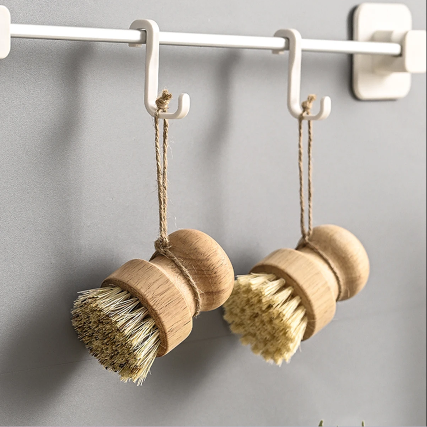 2/4Pcs Palm Pot Brush- Bamboo round 3 Packs Mini Dish Brush Natural Scrub Brush Durable Scrubber Cleaning Kit with Union Fiber