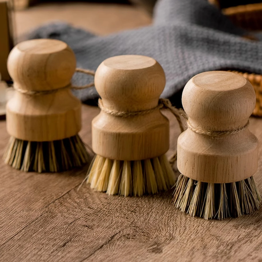 2/4Pcs Palm Pot Brush- Bamboo round 3 Packs Mini Dish Brush Natural Scrub Brush Durable Scrubber Cleaning Kit with Union Fiber