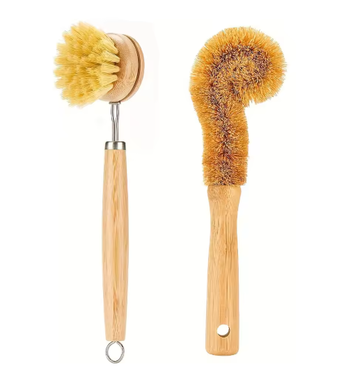 2/4Pcs Palm Pot Brush- Bamboo round 3 Packs Mini Dish Brush Natural Scrub Brush Durable Scrubber Cleaning Kit with Union Fiber