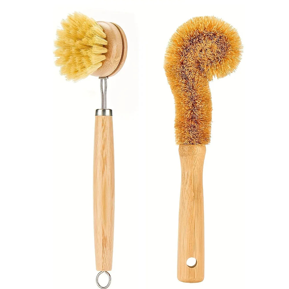 2/4Pcs Palm Pot Brush- Bamboo round 3 Packs Mini Dish Brush Natural Scrub Brush Durable Scrubber Cleaning Kit with Union Fiber