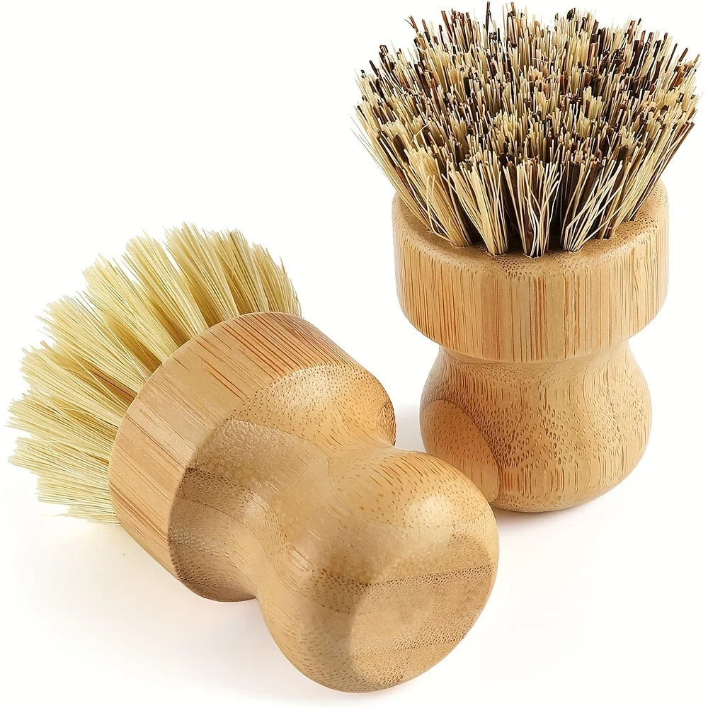 2/4Pcs Palm Pot Brush- Bamboo round 3 Packs Mini Dish Brush Natural Scrub Brush Durable Scrubber Cleaning Kit with Union Fiber
