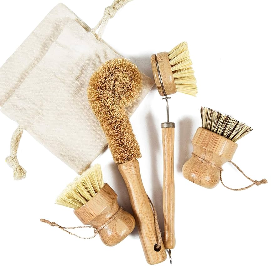 2/4Pcs Palm Pot Brush- Bamboo round 3 Packs Mini Dish Brush Natural Scrub Brush Durable Scrubber Cleaning Kit with Union Fiber