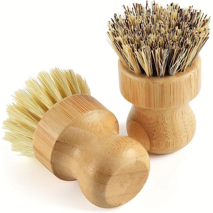 2/4Pcs Palm Pot Brush- Bamboo round 3 Packs Mini Dish Brush Natural Scrub Brush Durable Scrubber Cleaning Kit with Union Fiber